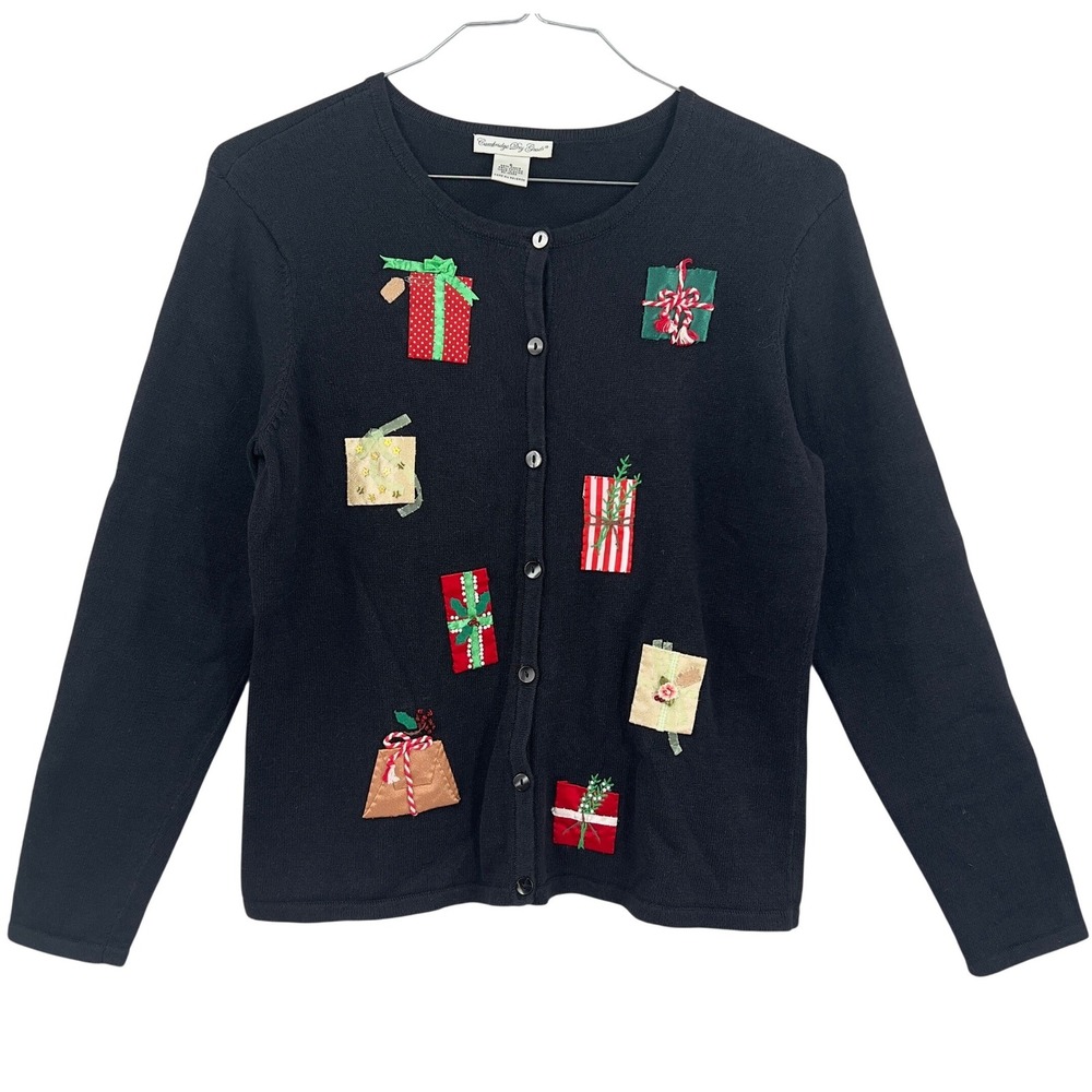 Vintage Cambridge Dry Goods Christmas‎ Presents Applique Black Cardigan S